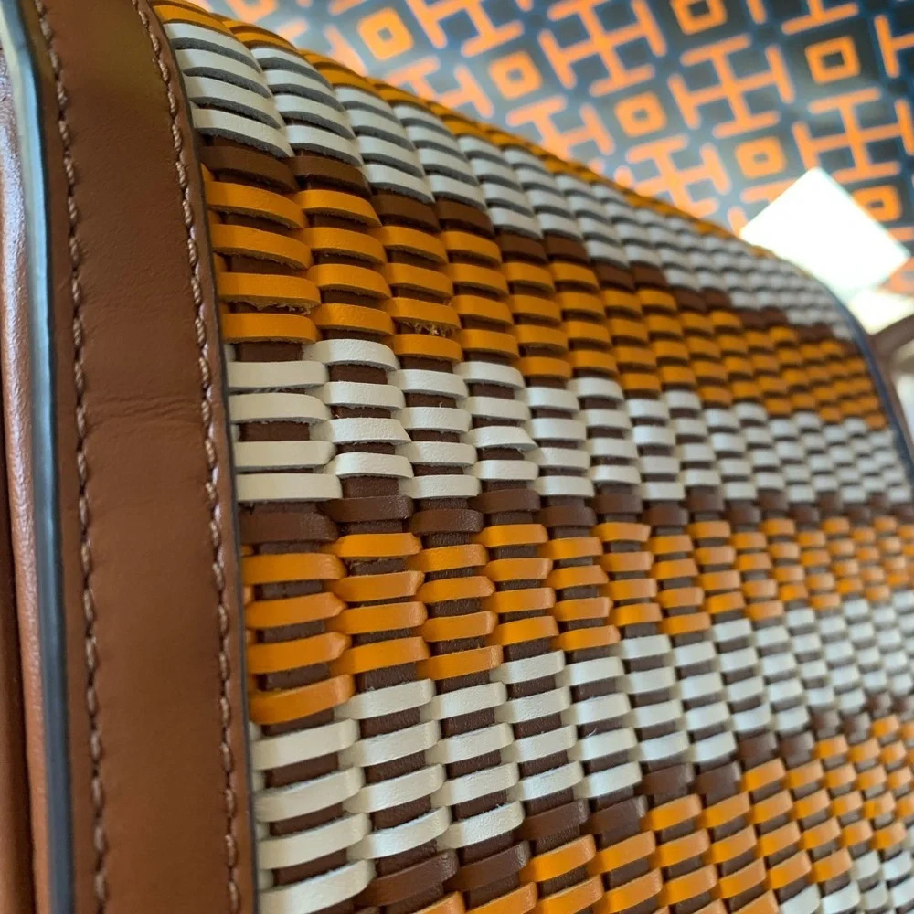 Tory Burch Emerson Woven Crossbody Bag Multicolor Orange White Tan Brown Gold - Picture 4 of 15